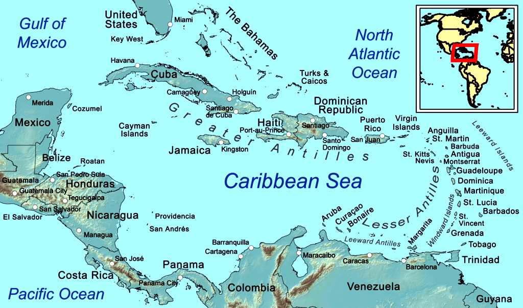 Map of the Caribbean Sea, showing the Greater and Lesser Antilles.