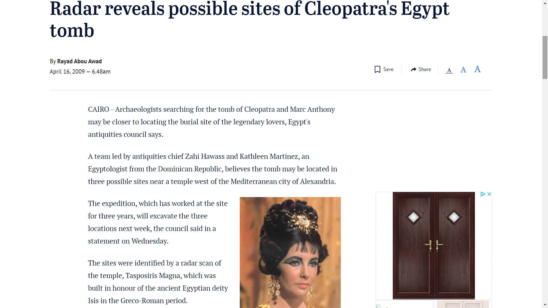 Brisbane Times April 2009, radar reveals possible sites of Cleopatra's tomb