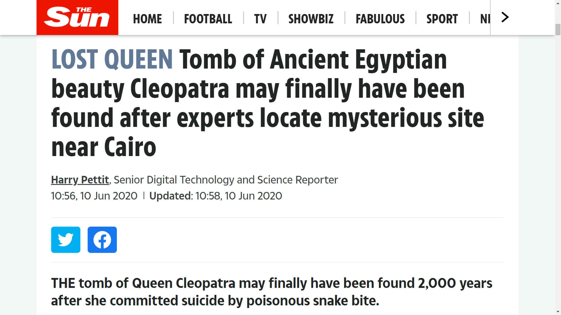 The Sun June 2020 latest news Cleopatra's tomb is still undiscovered