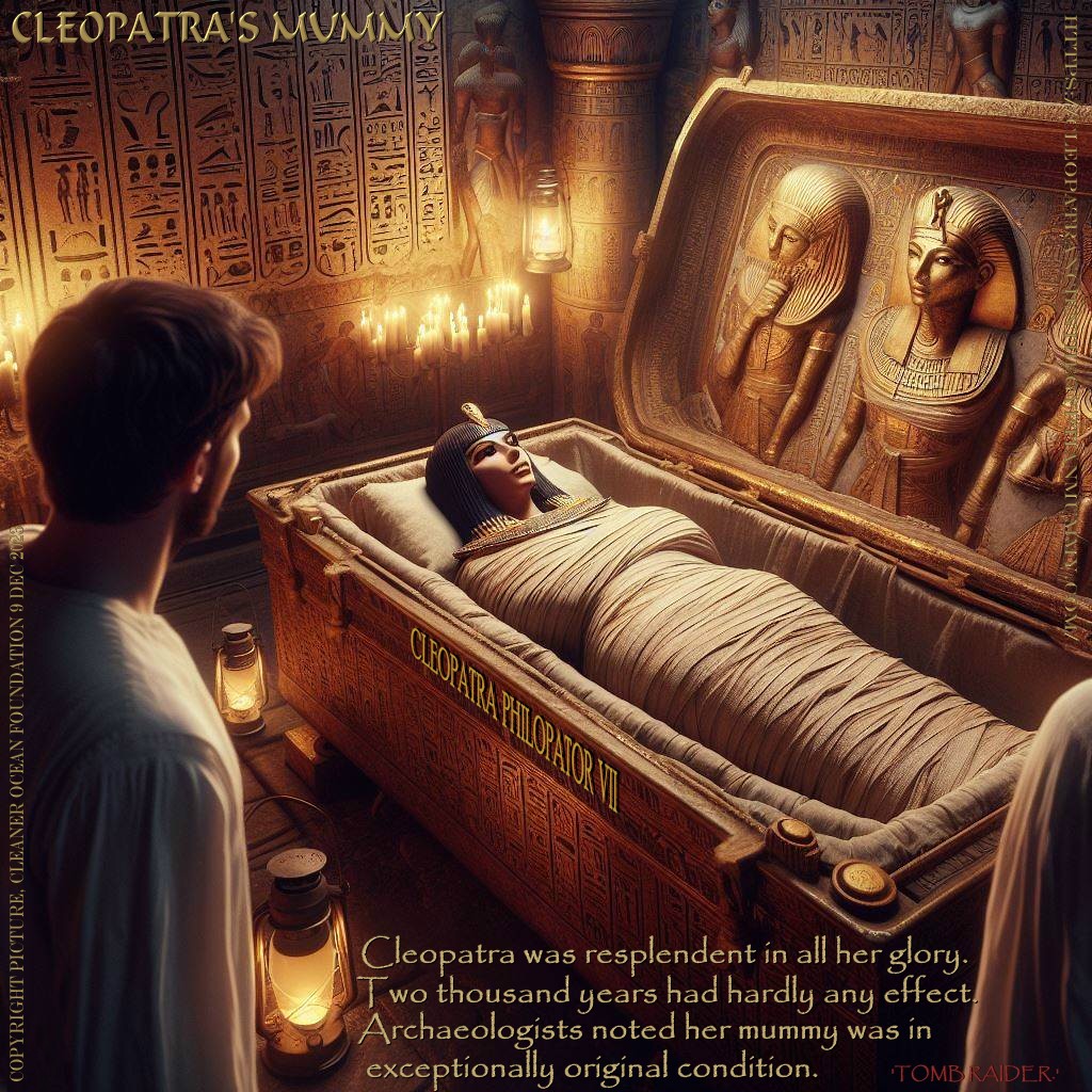 The concept of Cleopatras mummy being discovered and cloned is imaginative and innovative, as it can be developed in different ways and offer new perspectives on the ancient queen and her legacy. For instance, one could explore the ethical, political, and cultural implications of cloning an ancient ruler in the modern world. How would Cleopatra react to the changes in history, technology, and society? How would the world react to her presence and claims? What would be her goals and motivations? What challenges and conflicts would she face? These are some of the questions that would (and will) make a compelling story based on this original concept, first recorded as generated in 2003.