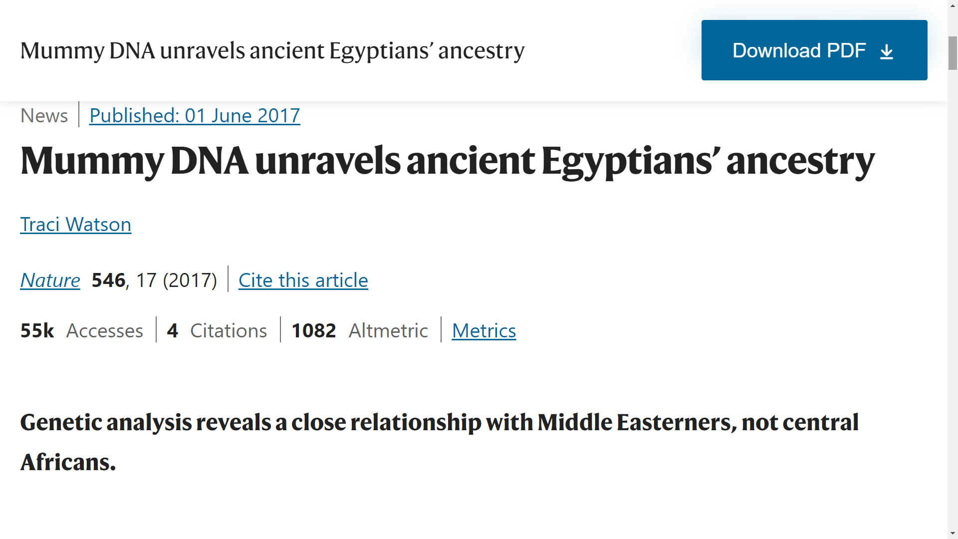 Mummy DNA reveals ancestry of Ancient Egyptians as being Middle Eastern, not Black African