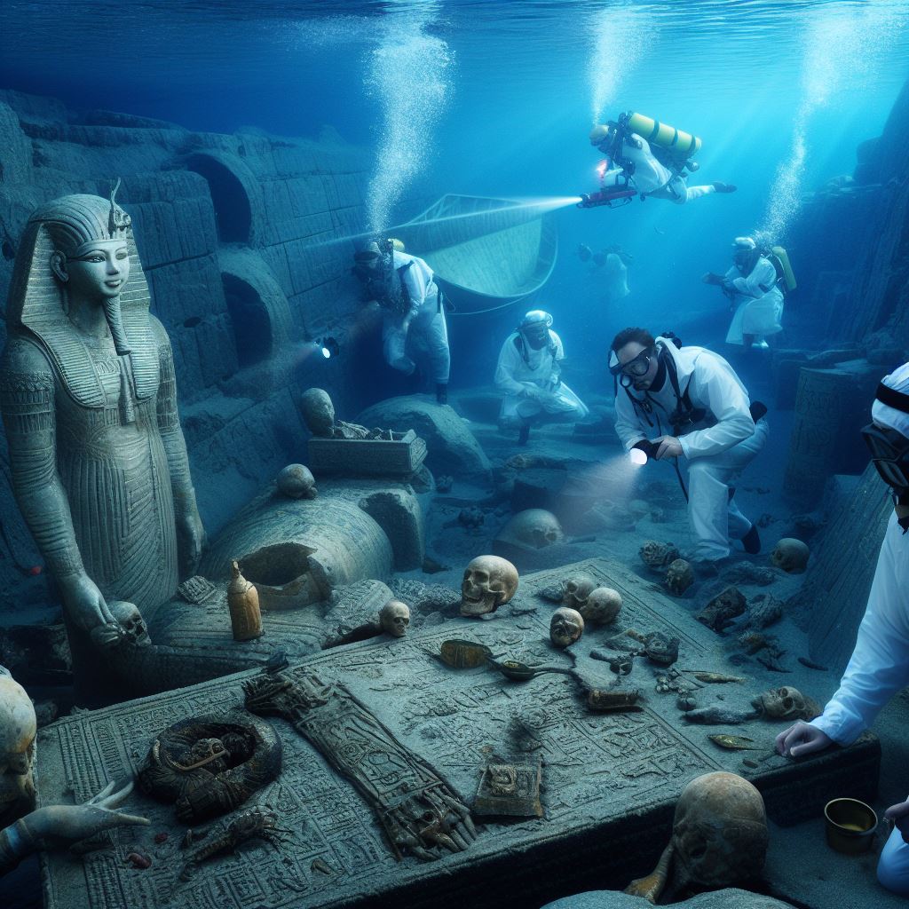 Marine archaeologists enter the mausoleum and find Cleopatra's sarcophagus