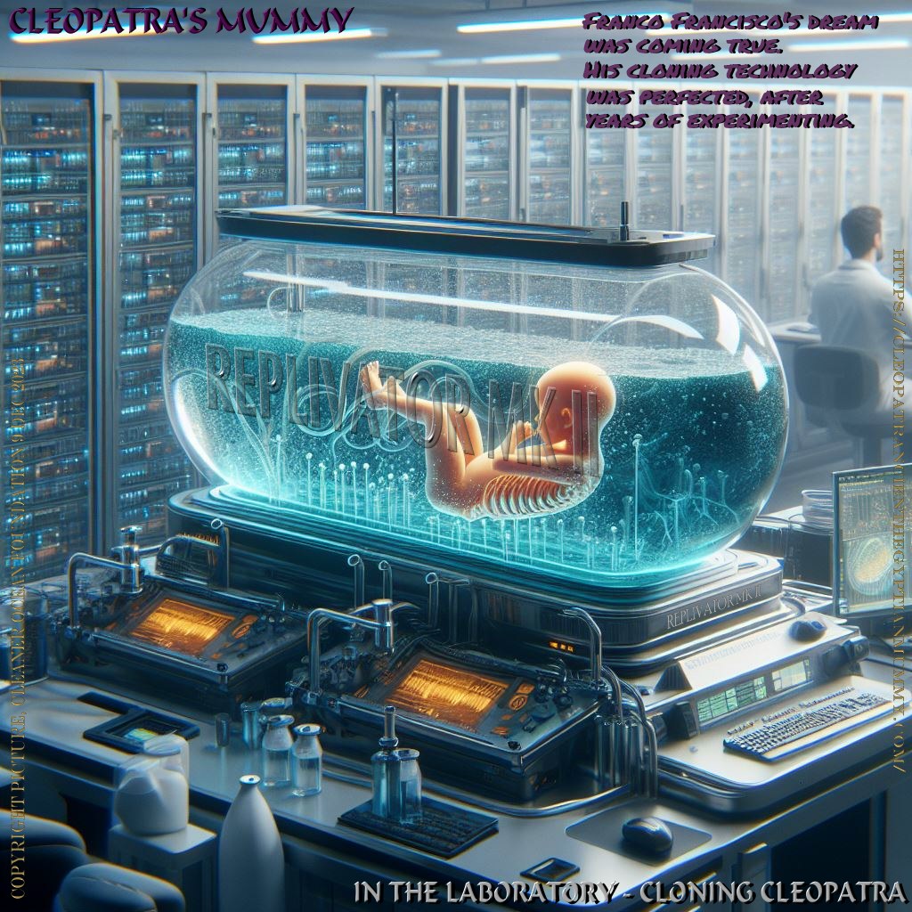 CLONING INCUBATOR - After years of experimenting, Franco Francisco's hard work was paying off. His 'Replicator' machine was working well, growing a Cleopatra replicant from her Mummy's DNA. All the nutrients were fed to the embryonic cells, to accelerate the growth rate, without in any way harming the biological perfection of the subject.