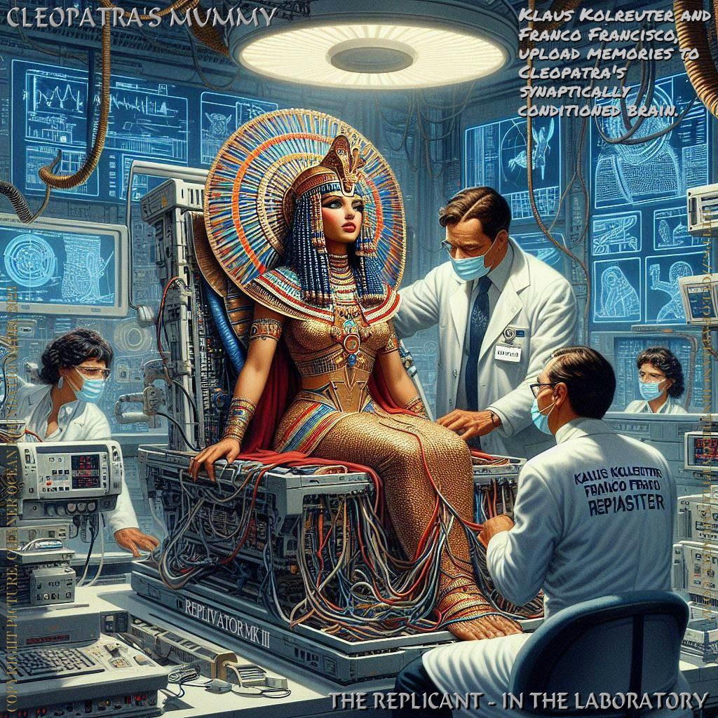 BRAIN CONDITIONING - You can imagine the excitement in the laboratory as Franco Francisco and Klaus von Kolreuter realise their dream of digitally recreating the most famous woman in history. Using clever synaptic sequencing algorithms and selected memory implants, they work through several nights to make sure that the replicated Cleopatra, knows about her past, but is also as prepared as possible to function in a modern world.