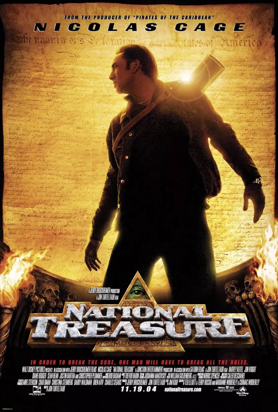 National Treasure is a 2004 American action-adventure heist film released by Walt Disney Pictures. It was written by Jim Kouf and the Wibberleys, produced by Jerry Bruckheimer, and directed by Jon Turteltaub. It is the first film in the National Treasure franchise and stars Nicolas Cage in the lead role, Harvey Keitel, Jon Voight, Diane Kruger, Sean Bean, Justin Bartha and Christopher Plummer. In the film, Benjamin Franklin Gates, a historian, along with computer expert Riley Poole and archivist Abigail Chase, search for a massive lost Freemason treasure, which includes a map hidden on the back of the United States Declaration of Independence.